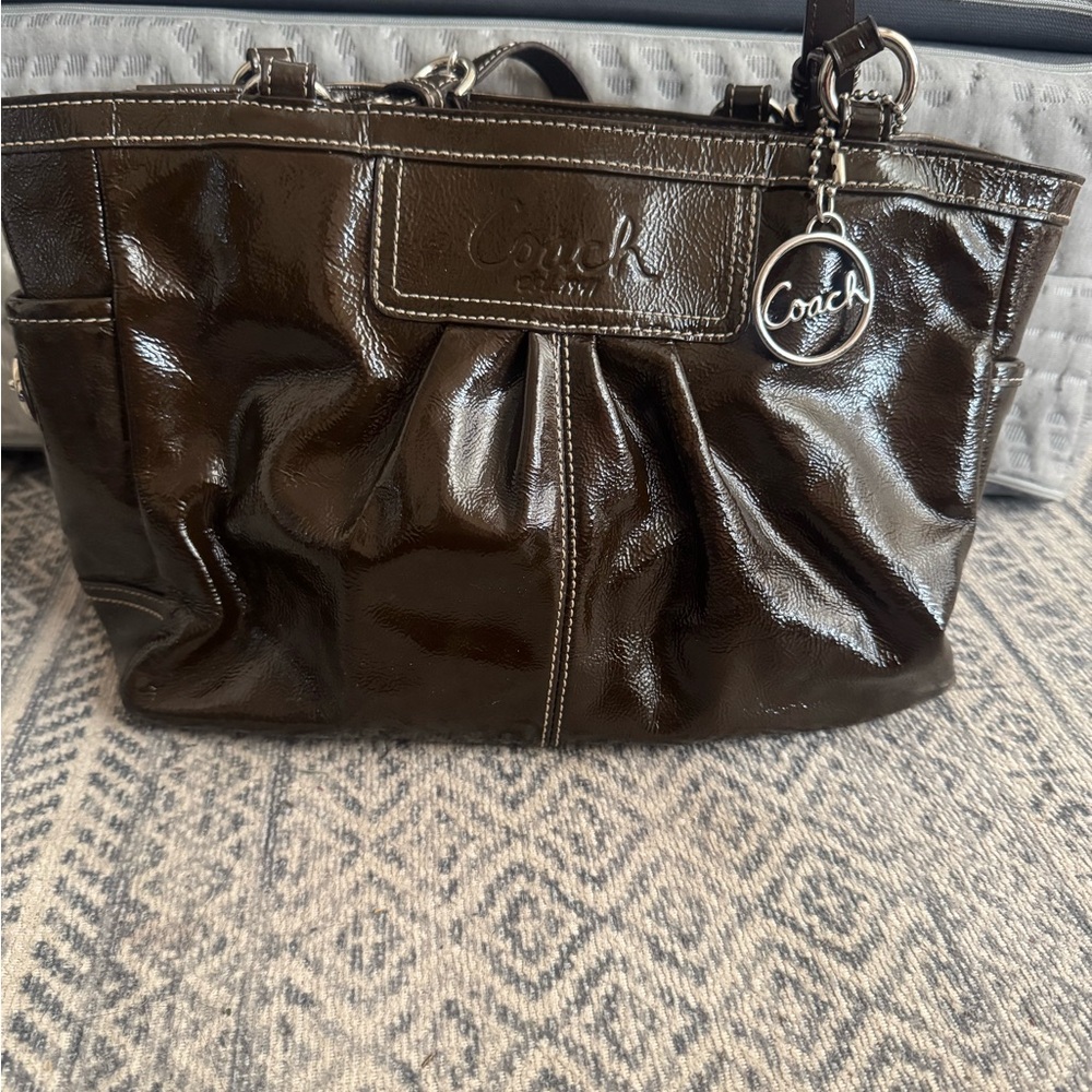 Coach Glossy Patent Leather Tote in Dark Brown